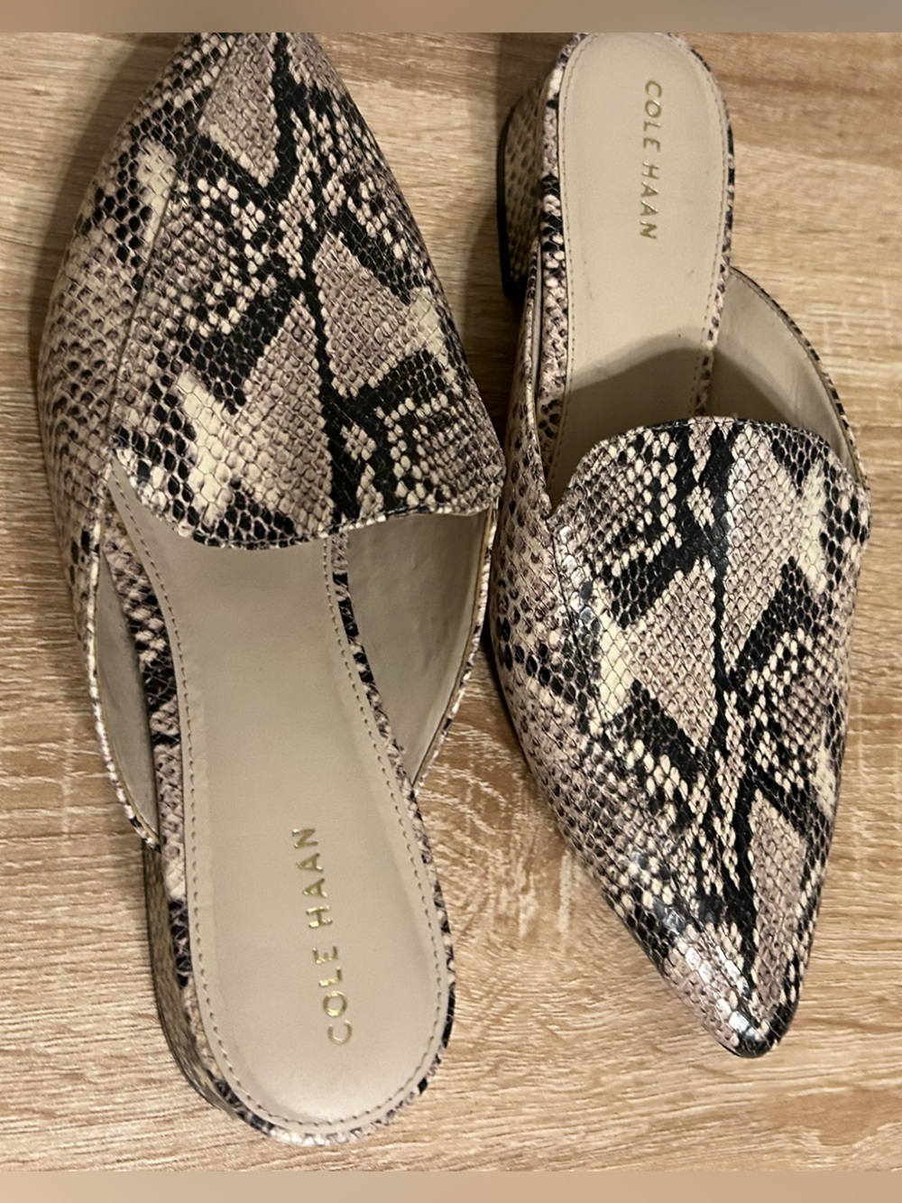 Cole Haan Snake-Print Slip-On Mules in Beige and Black